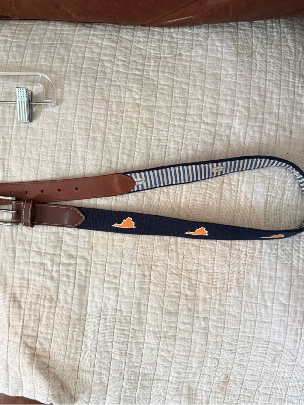 Men's Navy Embroidered Virginia Web Belt with Brown Leather - Picture 1 of 4